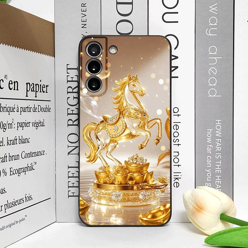Luxury Crystal Golden Horse Pattern Phone Case for Samsung Galaxy S25 S24+ S23 Ultra S22 Plus S21 FE M53 Shockproof Soft Covers