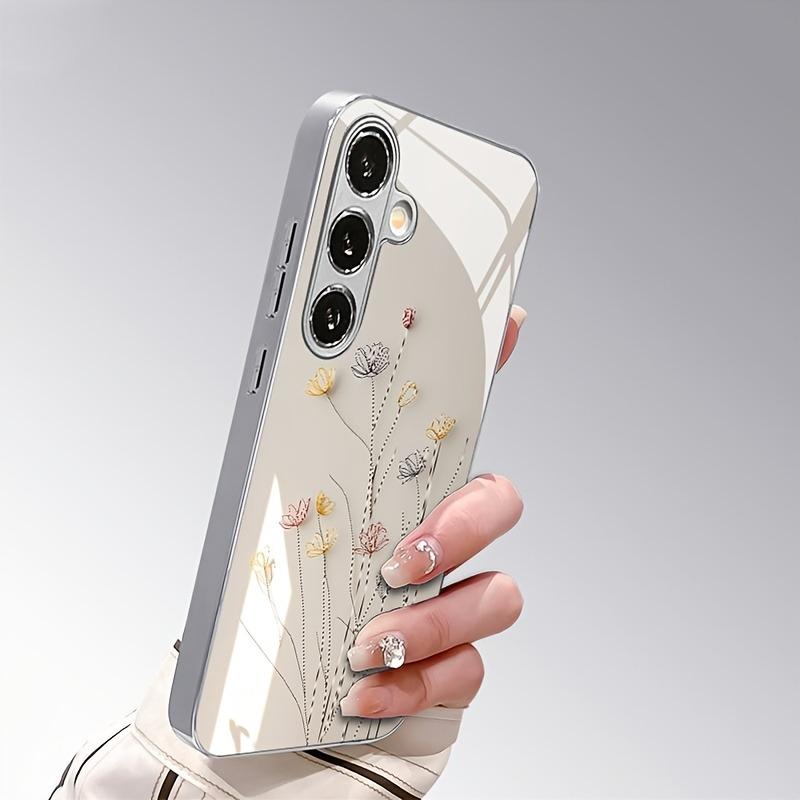 Coque de téléphone argentée plaquée électro avec motif floral de luxe pour Samsung Galaxy S26 S25 S24 S23 Ultra Plus FE Housse en verre trempé
