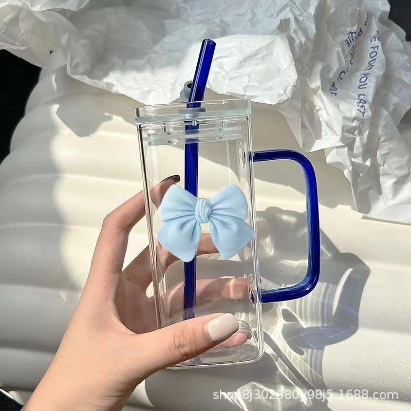 350ML Square Mug with Lids and Straws with Bow Water Cup Transparent Cup Milk Coffee Cups Glass Mug High Temperature Drinkware