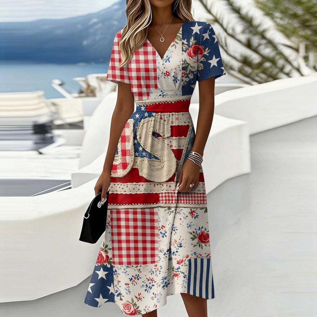 Women's Independence Day Print Casual Fashion Short Sleeve V-Neck Dress