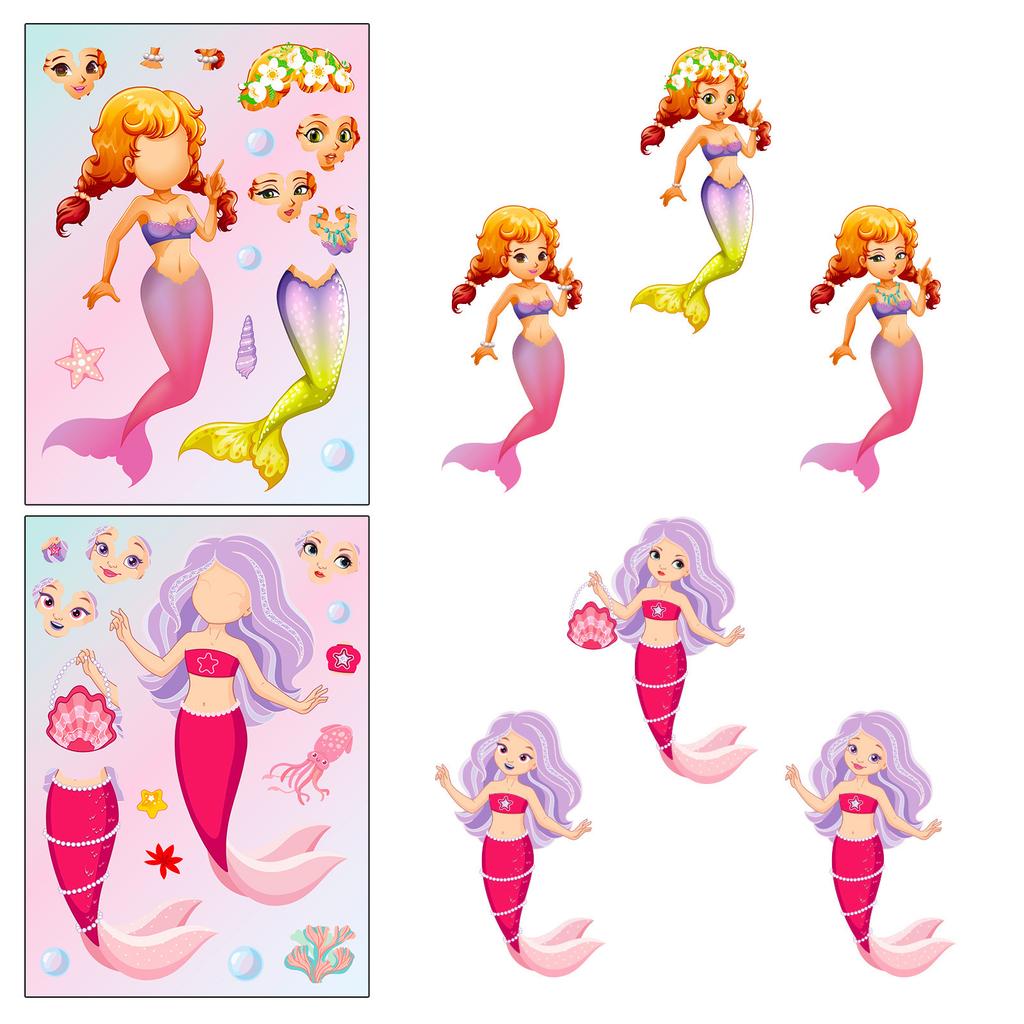 6 Photos/Bake Mermaid Face Change Sticker Mermaid Princess Cartoon Parent-Child Interactive Puzzle Handbook DIY Puzzle Sticker