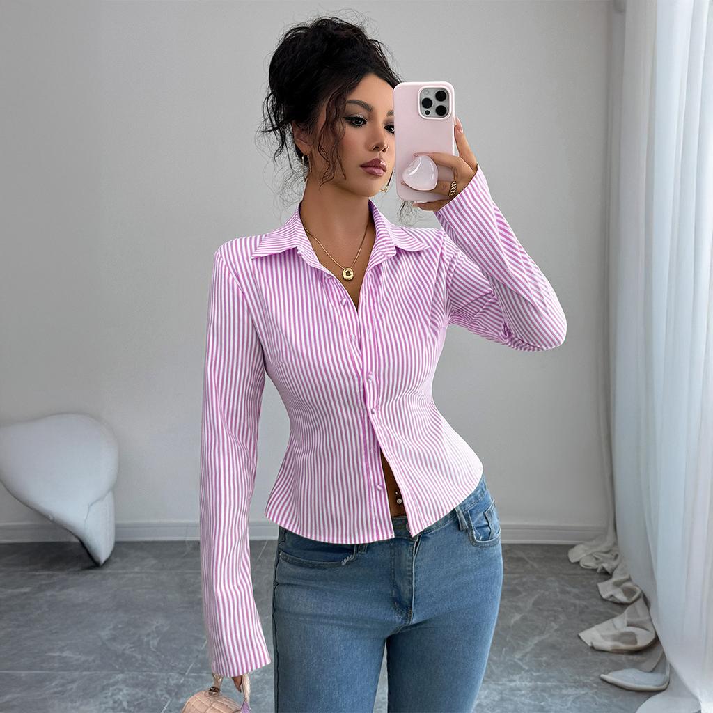 Casual Simple Striped Long-sleeved Button Tops and Shirts for Women 2025 Autumn and Winter