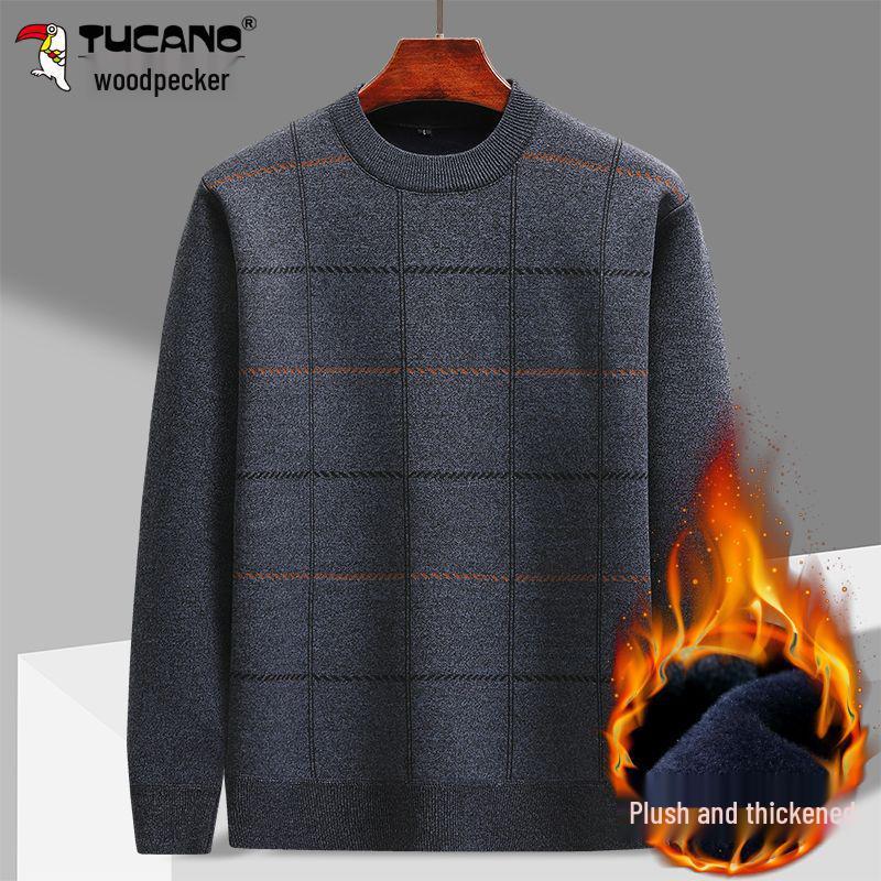 Woodpecker Dad Fleece-Lined Sweater: Warm, Thick Knit for Autumn/Winter – Ideal for Middle-Aged and Elderly, Perfect for Grandpa.