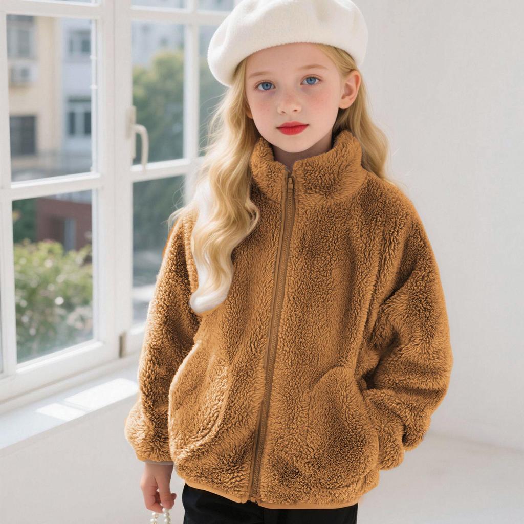 Unisex Children's Warm Fleece Jacket with Pockets - Korean Style, Stand Collar, Long Sleeve
