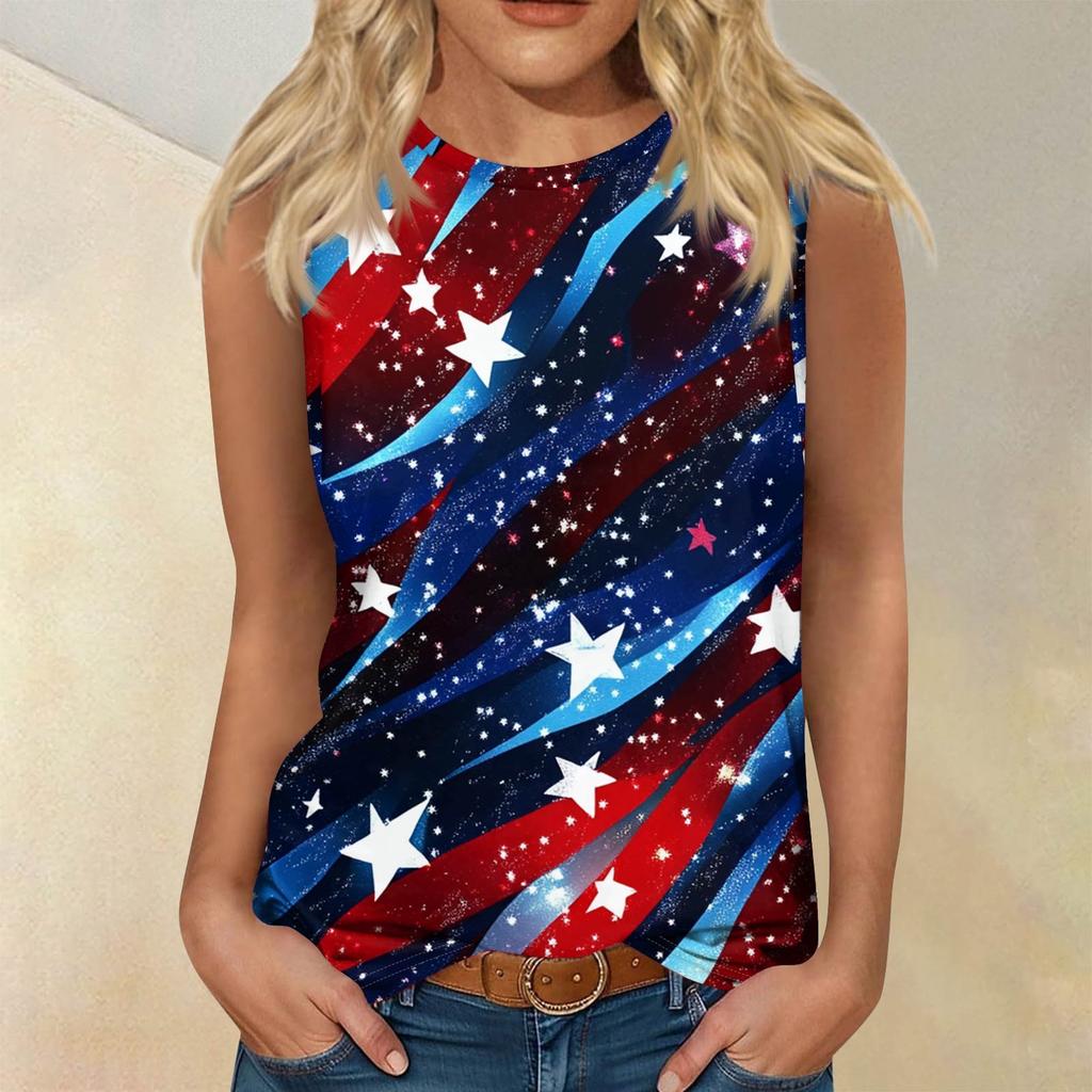 Women's Fashion Casual T-Shirt Round Neck Sleeveless Independence Day Printed Vest Top