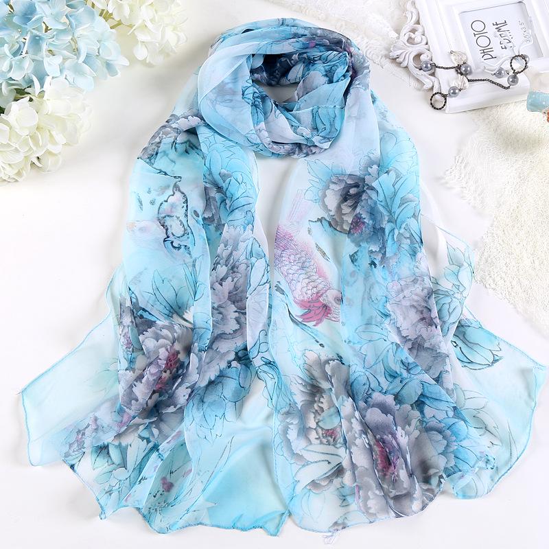 New Summer Korean-Style Peony Women's Long Chiffon Silk Scarf - Sun Protection