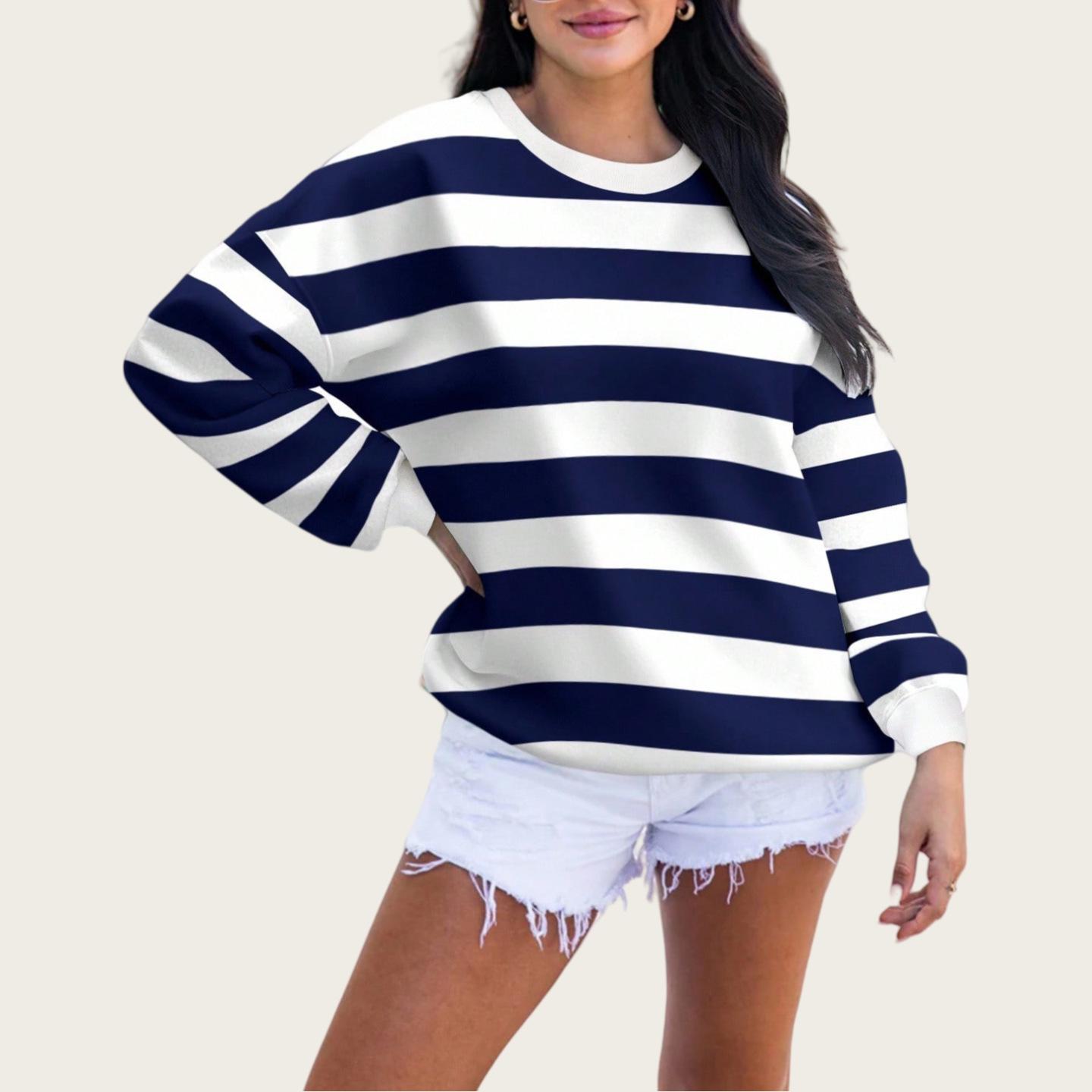 Women s Plus Size Color Block Striped Crew Neck Pullover - Autumn 2025 Collection 4XL синий