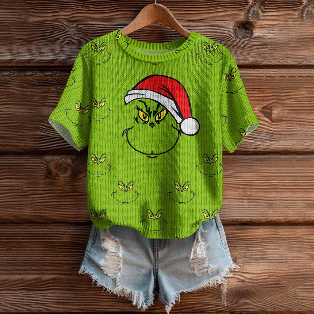 Women's Cute Sweater Knitted Fashion Casual Round-neck Short-sleeved  Cozy Print Top