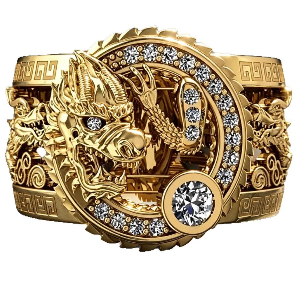 Men's 3D Gold Ring with Diamond-Accented Dragon, Hollow Craft, Retro-Inspired