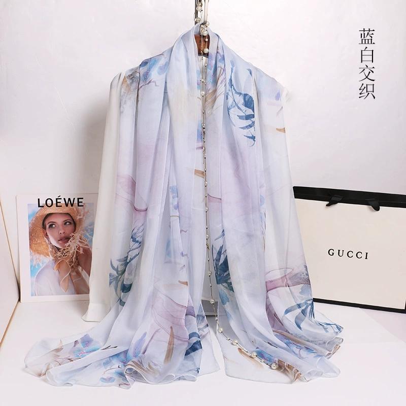 Spring Summer 100% Silk Scarf Shawl Hijab Wrap Women Long Thin Flower Beach Scarves 180*110cm