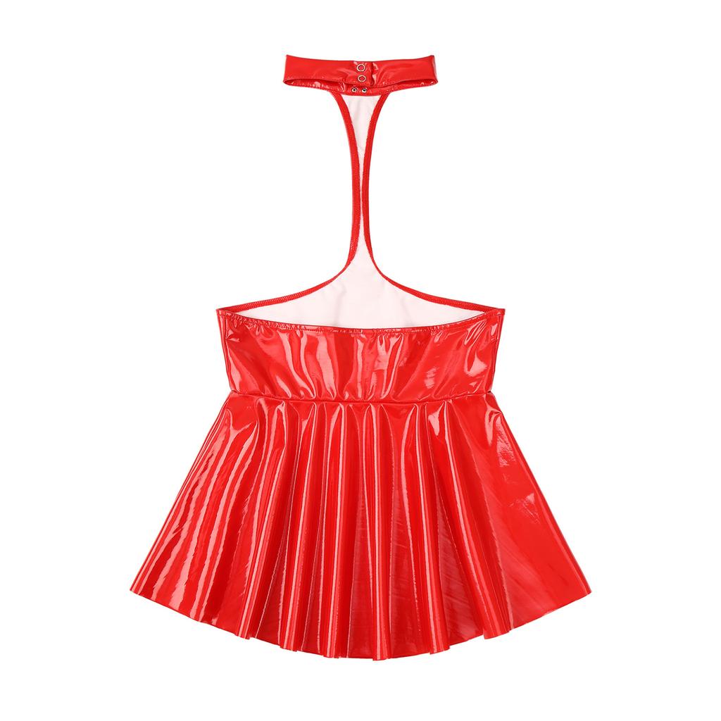 Women's Patent Leather Halter Neck Sexy Backless Bodycon Party MIni Dress Clubwear