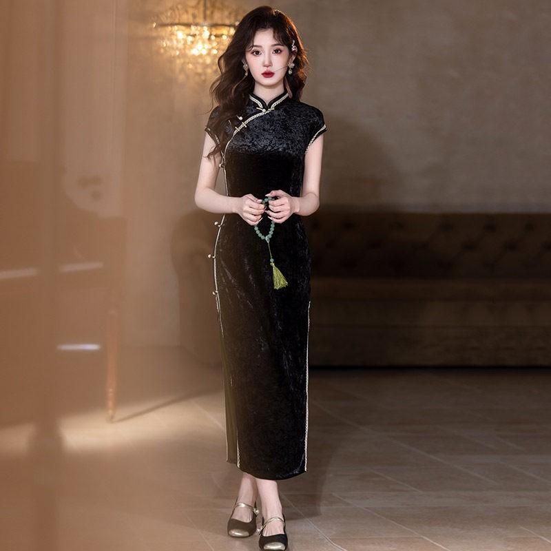 Black Velvet Sleeveless Long Cheongsam Dress 2026 Womens Elegant Modern Chinese Style Evening Gown