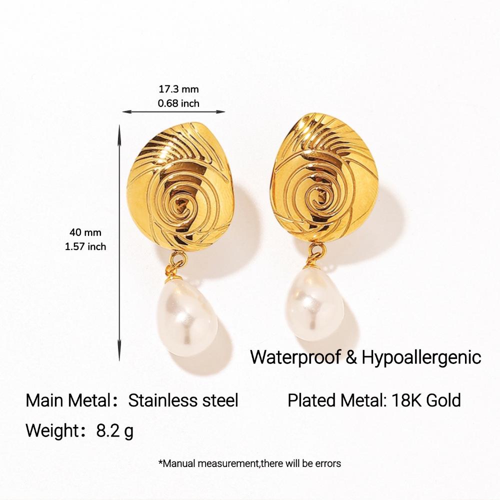 Yingtai European-American Ocean Style Titanium Steel Earrings with Imitation Pearls, Fine Polish, Vacuum-Plated 18k Gold