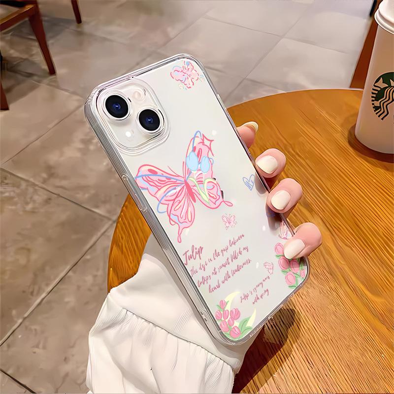 Beautiful girl pink English butterfly is suitable for Apple 15plus mobile phone case iphone17 transparent soft case 16 women's models