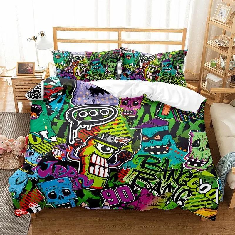 Fashion Bedding Set Cartoon Graffiti Polyester Duvet Cover Pillowcase Single King Double Full Queen Size Polyester Quilt Cover