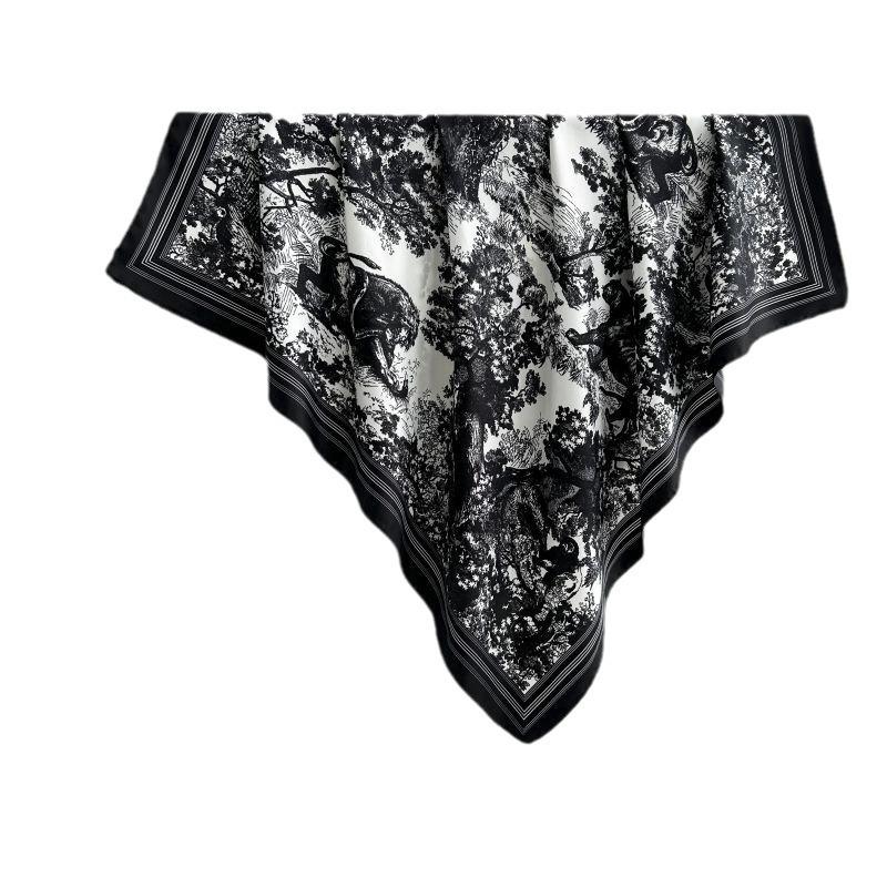 Black and White Animal Print Faux Silk Twill Scarf - 90x90CM Autumn/Winter Shawl for Women