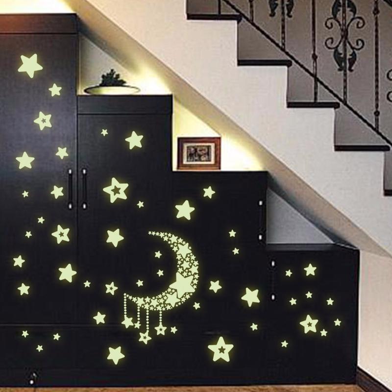 2pcs Hot Sell Room Decal Night Wall Stickers Bedroom Glow in The Dark Moon and Stars Black