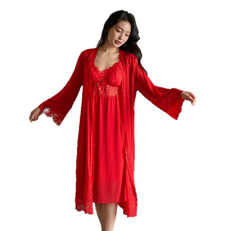 French Court-Style Long Sleeve Camisole Sleep Dress with Bra Pads - Two-Piece Fairy Home Wear Set