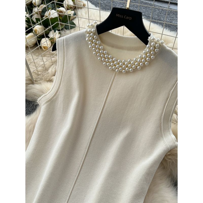 Summer Clothing Graceful Ladies Beads round Neck Sleeveless Slimming Knitted dress Women Fashionable Color Matching French style Sweater Dress