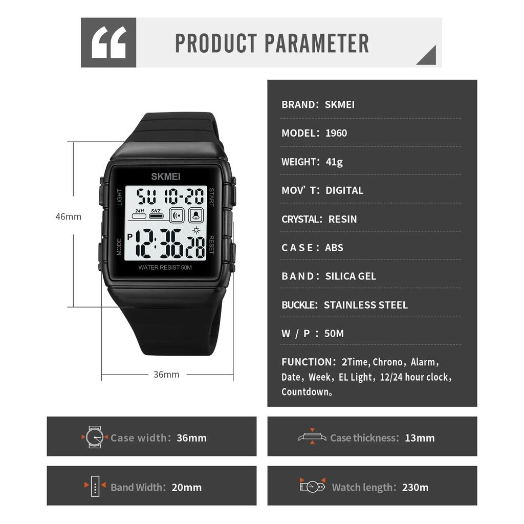SKMEI 1960 LED Light Wristwatch reloj hombre Digital movement Mens Sport Watch Military Countdown Alarm Clock 5Bar Waterproof