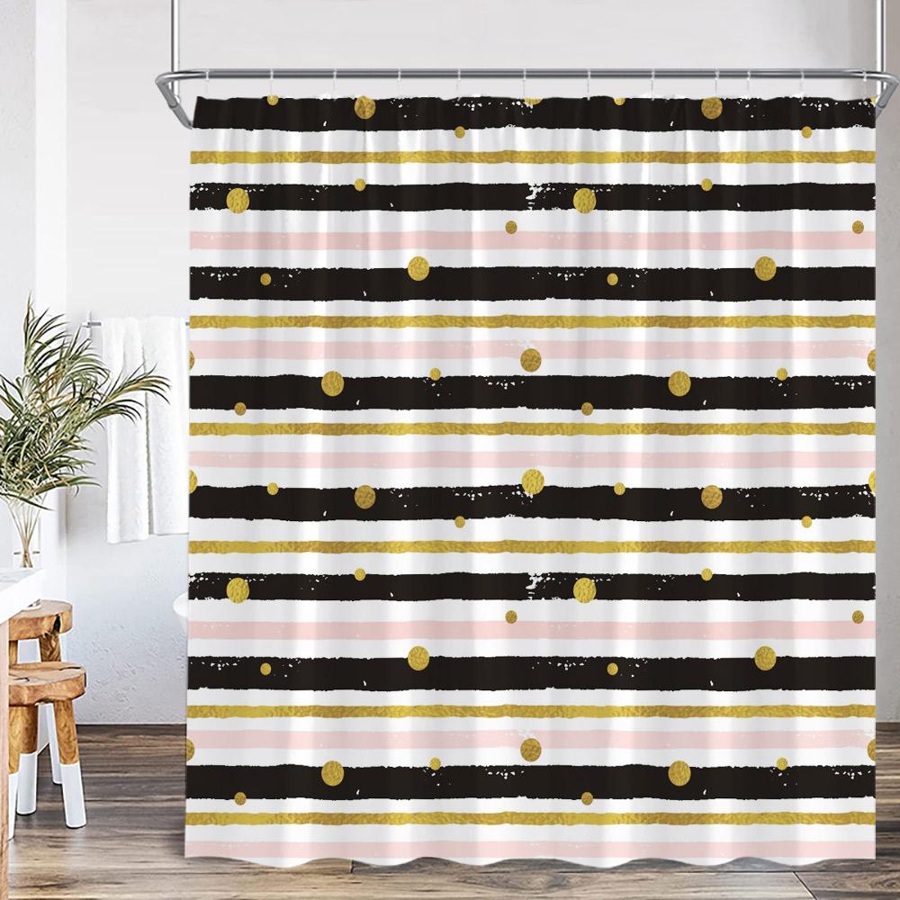 Geometric Stripes Shower Curtain Abstract Wavy Line Spots Art Aesthetic Bathroom Decorations Modern Bath Curtain with Hooks