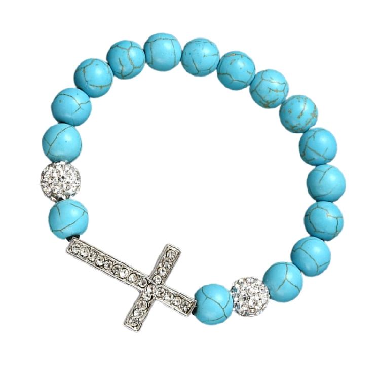 Unisex Stretchy Turquoise Bead Bracelet 10mm Stones Crucifix Symbol Adjustable Spiritual Wrist Accessory for Women Men