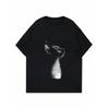 Casual Loose Fit T Shirt Black Cat Print Women Fashion Top Daily Wear Street Style Outfit