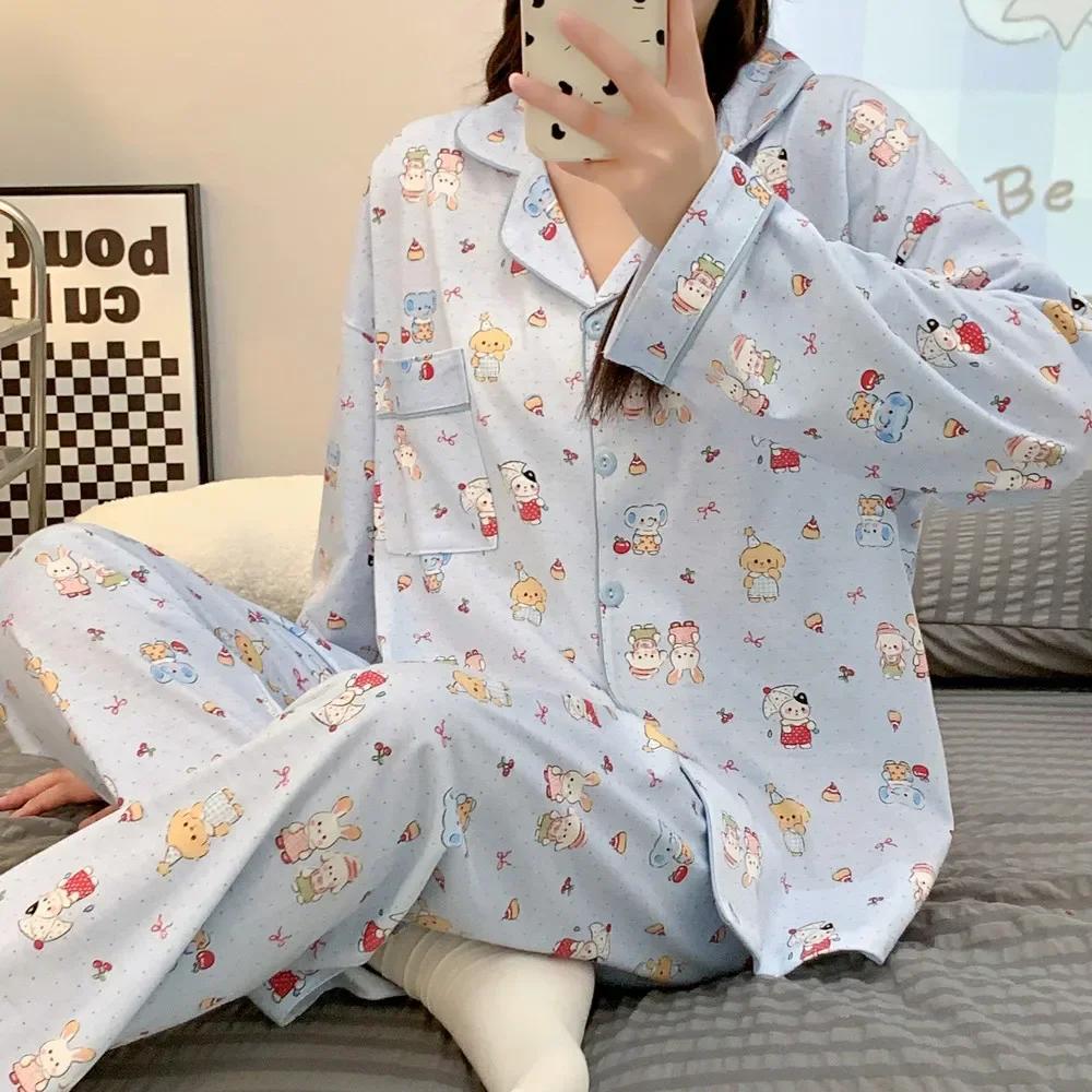 

Осенняя пижама Sember из чистого хлопка с длинными рукавами, новые милые женские пижамы с героями мультфильмов, повседневный комплект из двух предметов 4XL синий