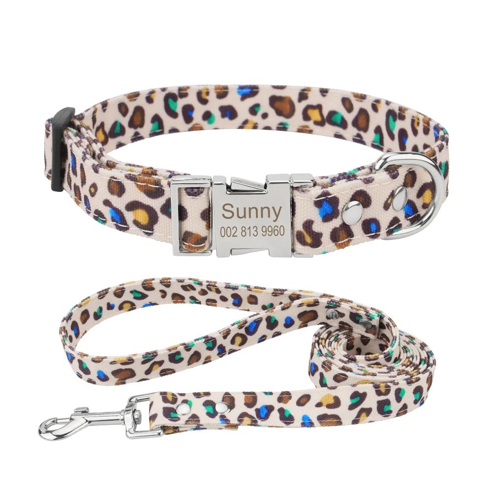 Custom Dog Collar and Leash Set,Personalized Leopard Pattern,Polyester Fabric Webbing with 120cm Leash, for Medium Large Dogs