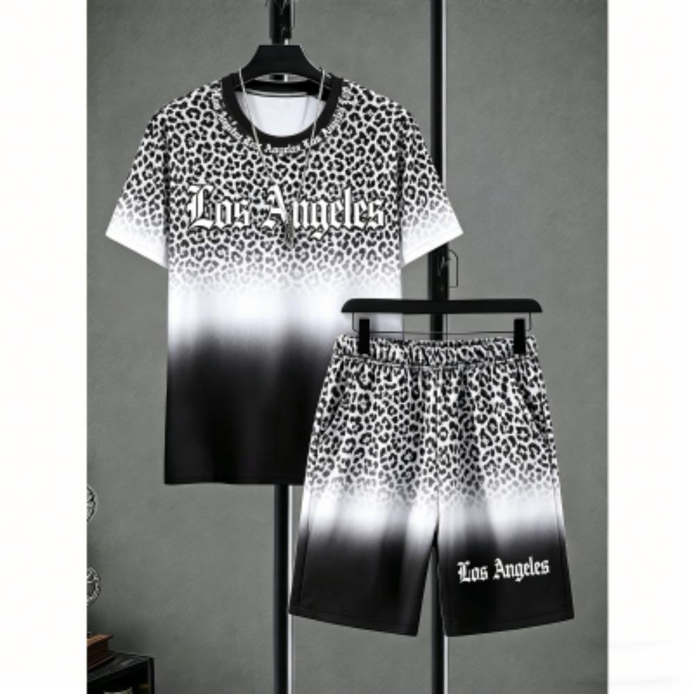 Men's Set Letter Leopard Printed Men's T-shirt and Shorts 2 Piece Set Summer Casual Outdoor Plus Size Men's and Women's T-shirt Sets