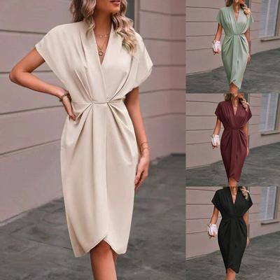 European and American Independent Station Wish Dress V-neck Temperament Elegant Irregular Sleeve Solid Color Flower Bag Skirt
