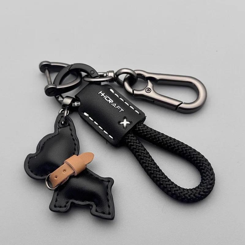 French Bulldog Keychain Handmade Genuine Leather Braided Rope Key Chain with Anti-Loss Strap for Women Men Car Key Organizer