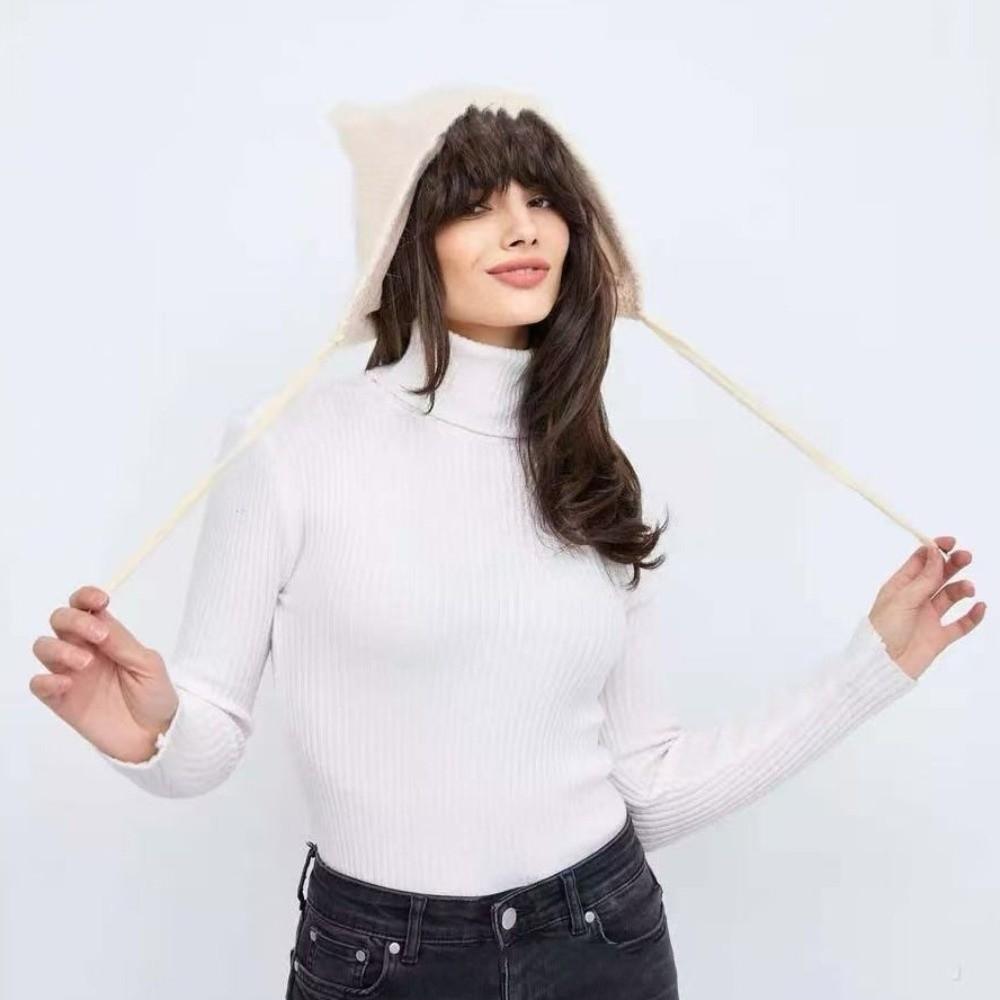 Cozy Laced Up Cat Ear Beanie Solid Color Soft Knit Winter Hat Foldable Winter Warm Fluffy Hat For Women