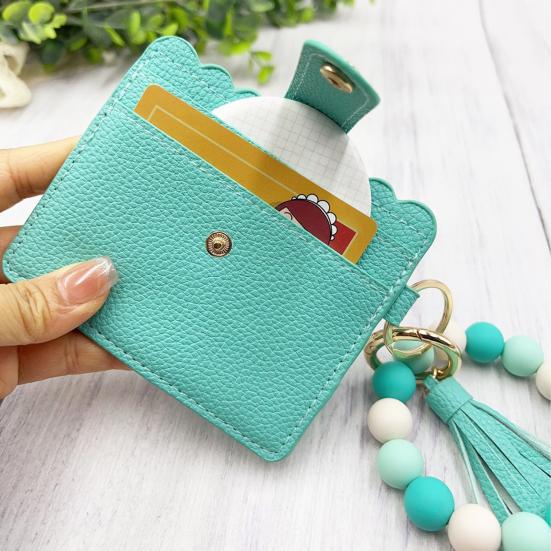 Silicone Bracelet Keychain Wallet Beaded Wristlet Credit Card Holder with Tassel Slim Card Wallet with ID