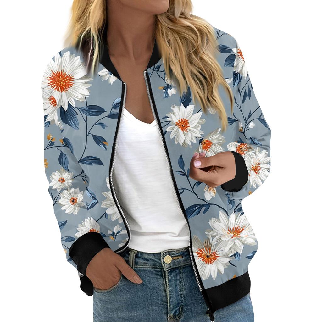 Women's Fashion Long Sleeve Floral Print Round Neck Zip Up Jacket