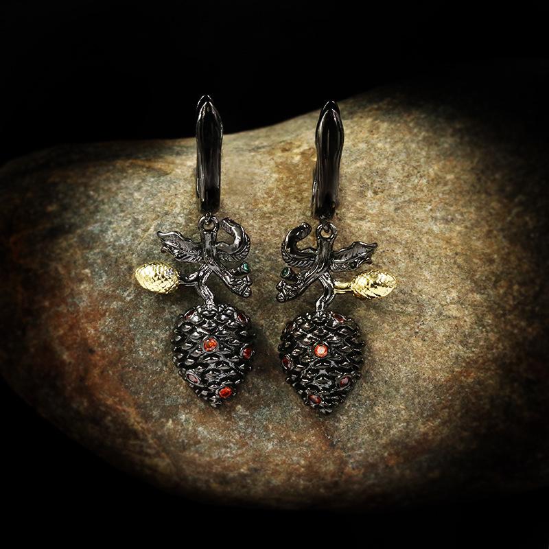 Italy Jewelry Vintage Flower Bud Inlay Ruby 925  Earrings Fashionable Black Gold Earrings Wedding Jewelry Gift