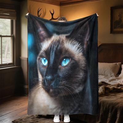 Luxury Siamese Cat Plush Blanket - Ultra-Soft Flannel All-Season Cozy Throw with Siamese Cat Face & Blue Eyes, Warm Bedsp