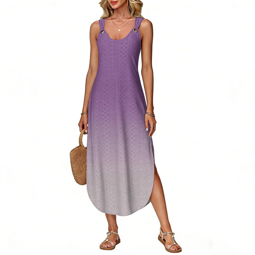 Women's Summer Long Dress, Sleeveless with Side Slits, Long Gradient Vest Dress