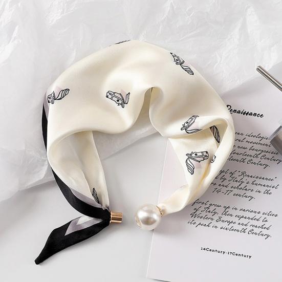 Women Silk Scarf Striped Leopard Dot Print Silk Scarf Necklace with Faux Pearl Magnetic Buttons Formal Wear Accessories