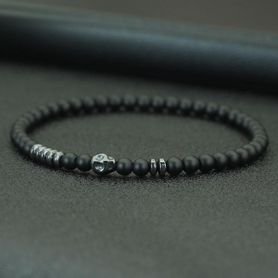 

Stylish Men Skull Bracelet 4mm Onyx Howlite Obsidian Stone Strand Braslet Street Cool Riding Wrist Accessories Pulseria Hombre онікс