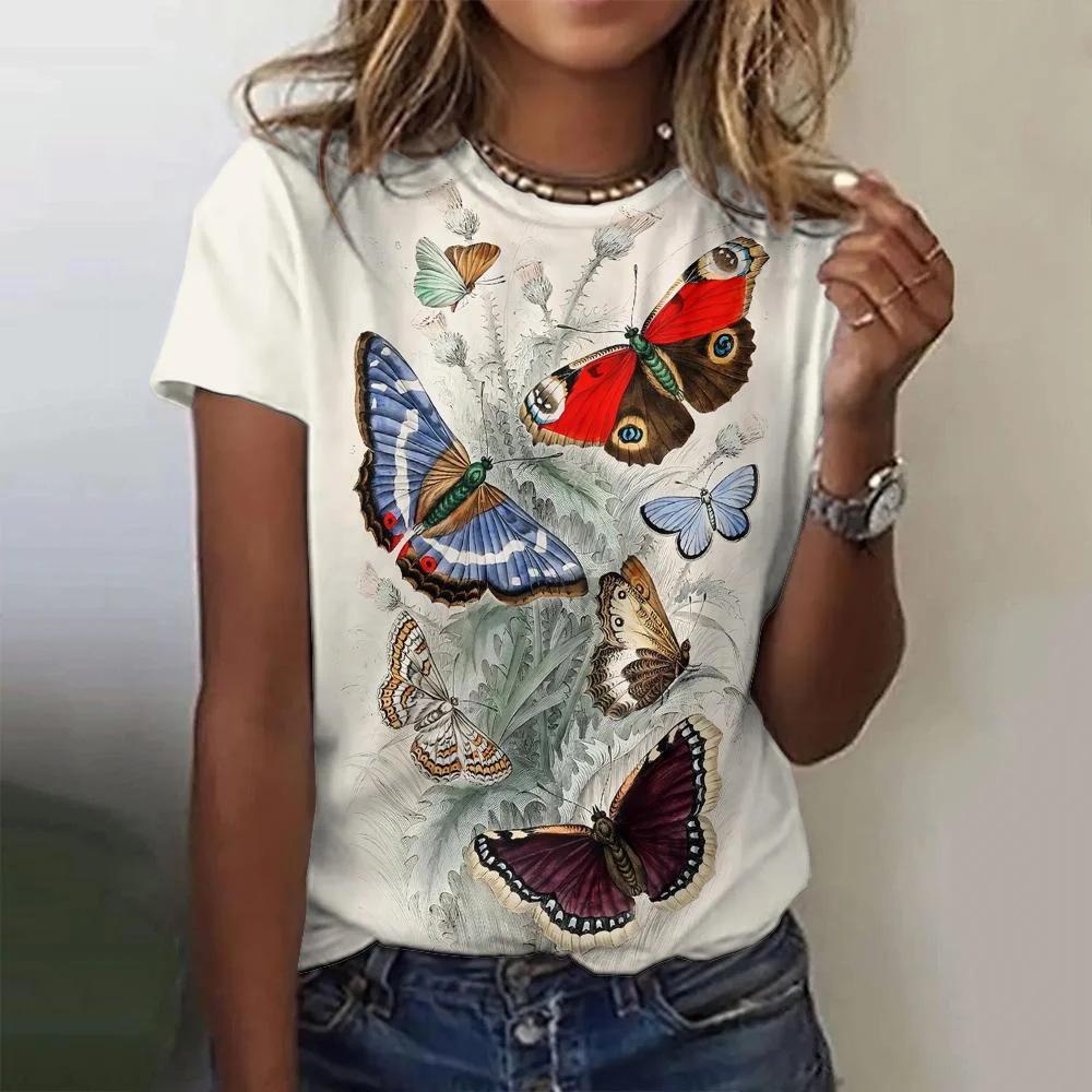 Women's round neck T-shirt 3D digital printed short sleeved shirt fashionable butterfly print 3432