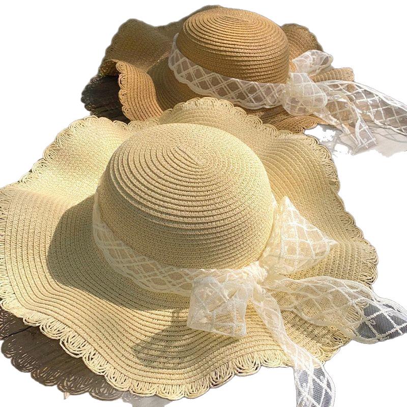 Women's Wavy Edge Lace Bow Large Brim Straw Beach Hat