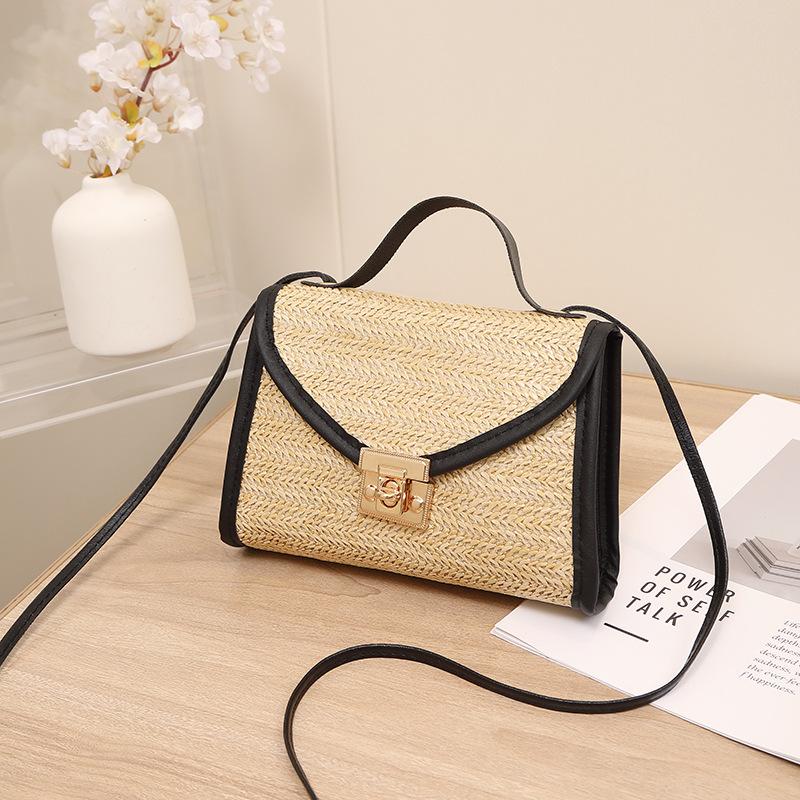 Straw Bag New Lock Metal Small Square Bag Women's Bag Fashion Casual Simple Shoulder Bag Mobile Phone Bag