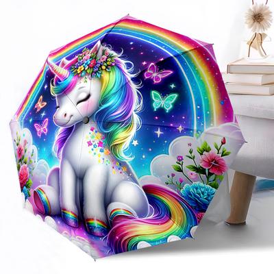 1pz Ombrello Pieghevole Automatico Portatile Fantasy Unicorno Arcobaleno con 8 Stecche Leggero Stagionale Elegante Ombrello da Donna Regalo Perfetto Y5