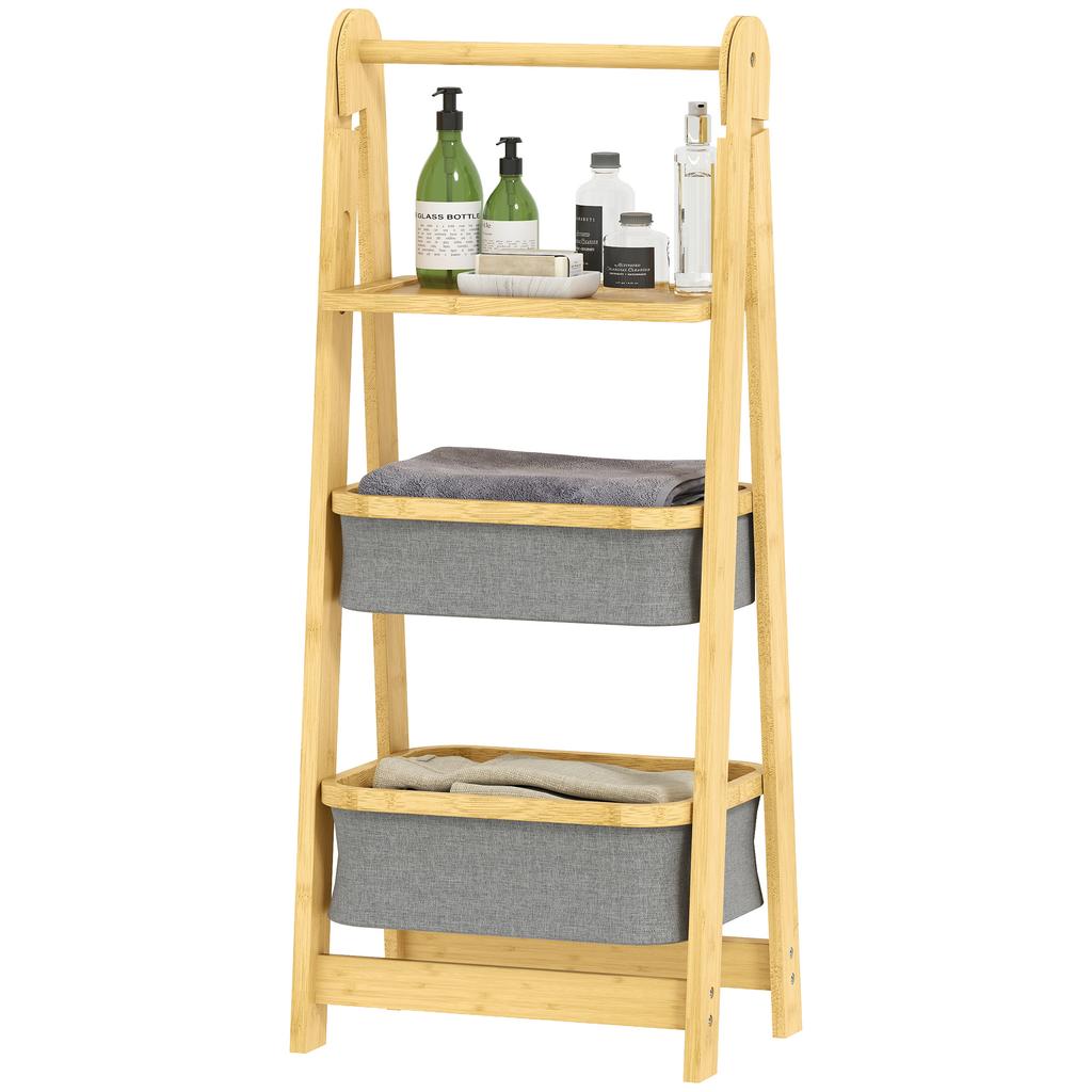 Folding Bamboo Bathroom Shelf with 2 Laundry Baskets Open Shelf Grey
