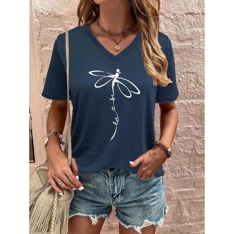 Summer V-neck 3D Dandelion Dragonfly Pattern Printed Top Fashionable Casual Short Sleeved Women's T-shirts
