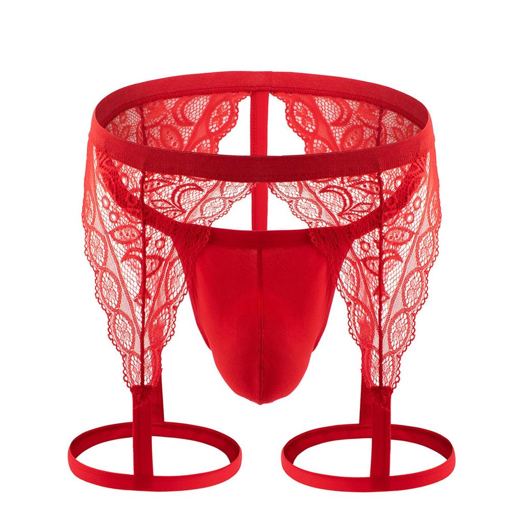 Men's Lace Suspender Garter Thong with Bulge Pouch and T-Back