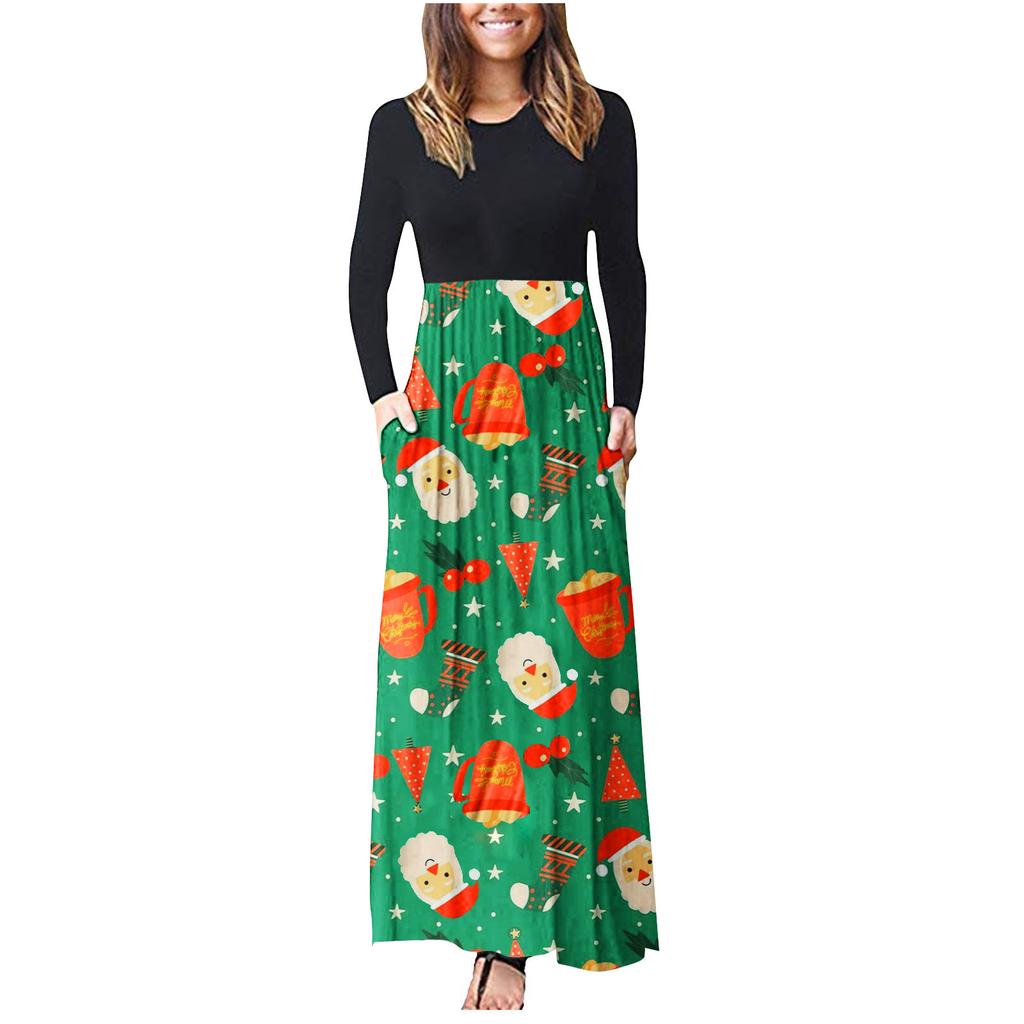 Women's Casual Long Sleeve Round Neck Christmas Print Dress