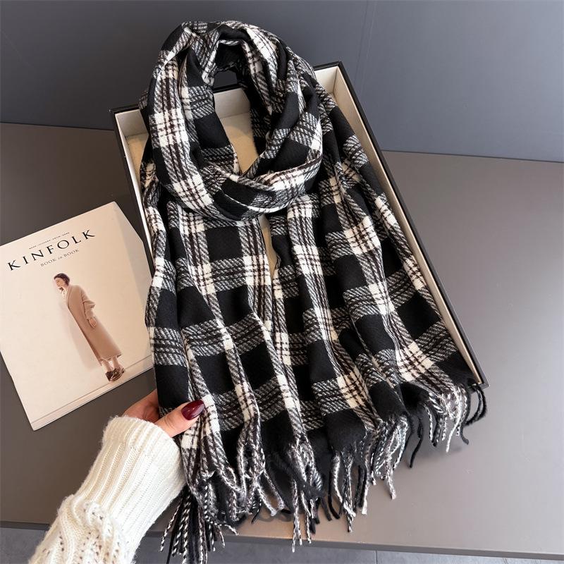 Korea Styles Luxury Stripe Winter Women Scarf Imitation Cashmere Blanket Thick Warm Pashmina Shawl Wraps Tassel Echarpe