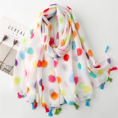 Four Season Universal Cotton And Linen Hand Feel Scarf, Bright Colored Polka Dot Thin Style Tassel Scarf, Shawl For Women